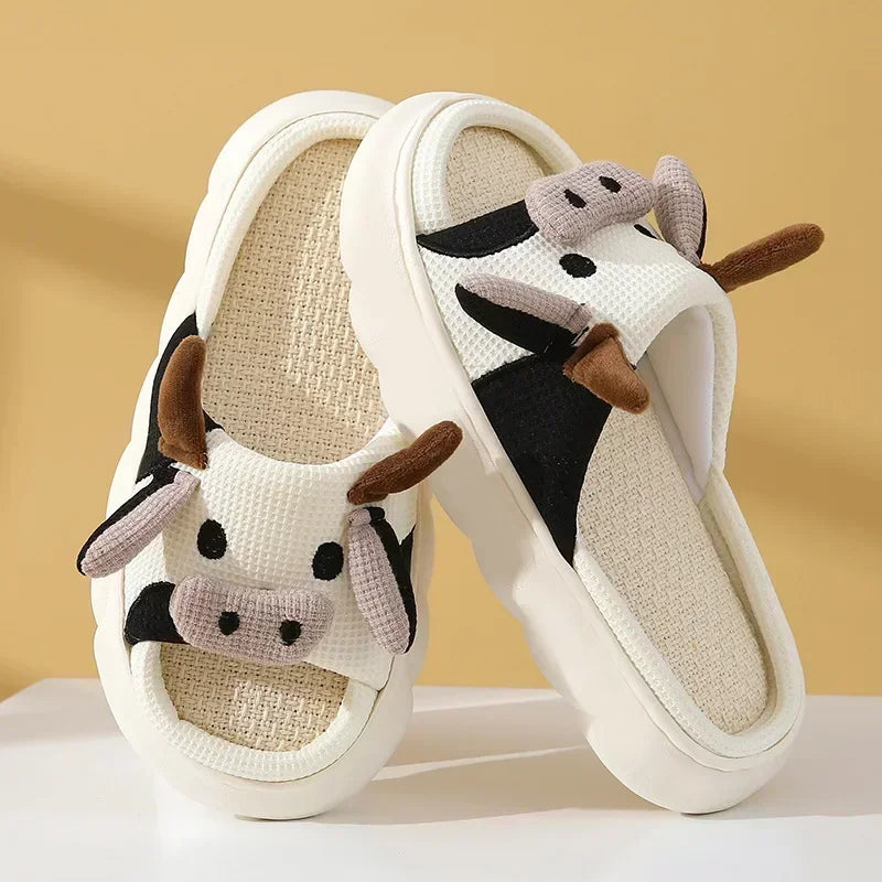 Ladies Home Slippers Linen Comfortable, Soft and Lightweight Cotton Slippers Cute Cartoon Cow Couple Slippers Shoes for Women