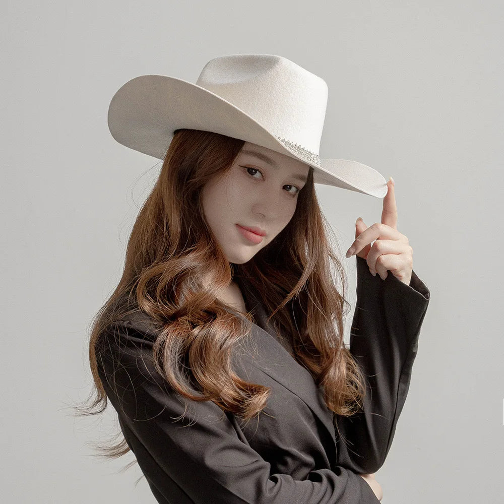 Hot Sell Fashion Elegant Wide Brim Wool Luxury Fedora Hat Fall Winter Warm White Cowboy Felt Hat Lady Panama Jazz Hat Wholesale