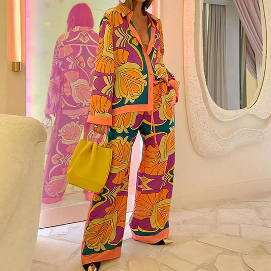 2 Pcs/Set Ladies Shirt Pants Suit Bright Color Print Wide Leg Loose Women Printed Suit Casual Youth Vacation Top Trousers Set