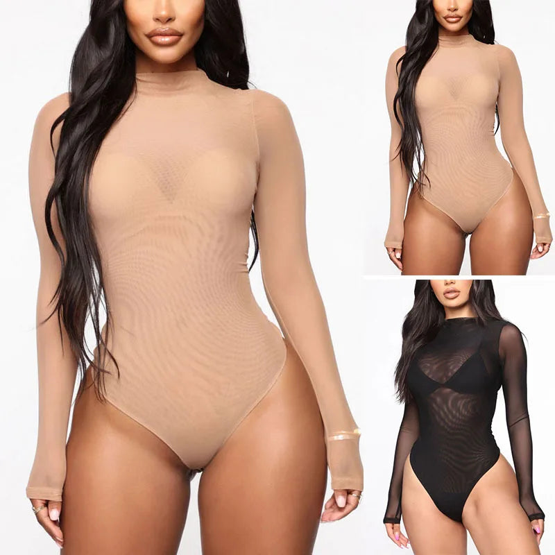 Sexy Women's Transparent Stretch Bodysuit Lingerie Underwear High Cut Skinny Bodycon Ladies Long Sleeve Sheer Jumpsuits