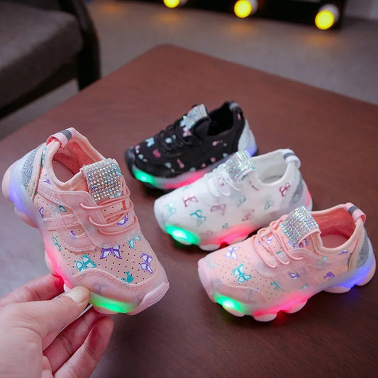 Kid Shoes Children's LED Shining Shoes 2023 Spring New Boys Sports Shoes Girls Elastic Fabric Sequins Casual Shoes Zapatillas