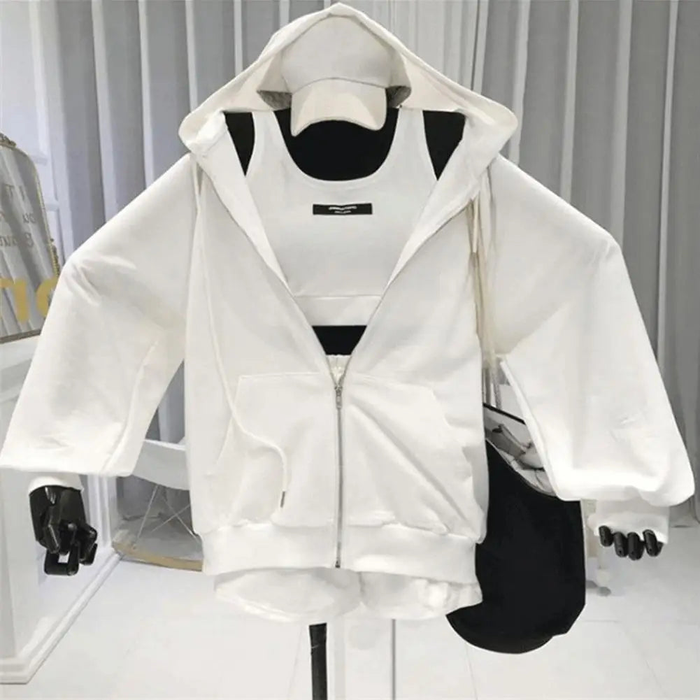 Casual Vest Hoodie Shorts Outfit Set Sweatshirt Shorts Set with Pocket Women Short Jacket Crop Top Shorts 3-piece Activewear Set