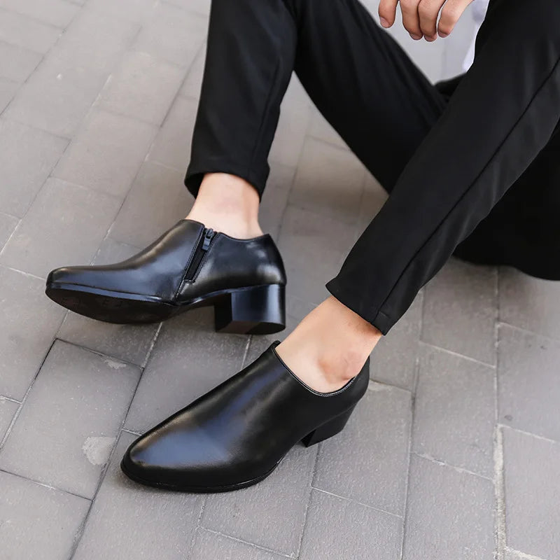 Street Fashion Men's Loafers Slip-on Men 5cm High Heel Leather Shoes Casual Business Dress Shoes Party Wedding Mens Footwear