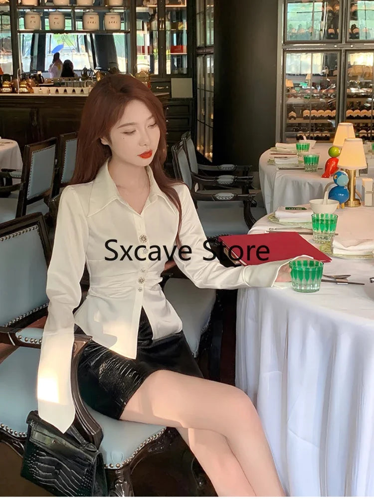 2024 Spring Design Elegant Stain Shirts Office Lady Korean Style Fashion Blouse Women Long Sleeve Button Y2k Tops Female Outwear