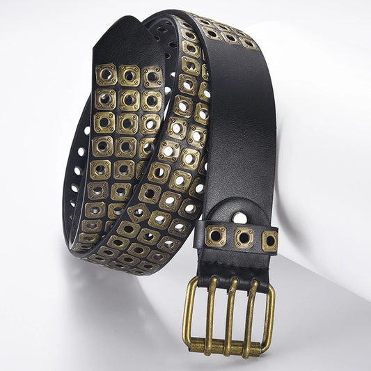 Retro Square Rivet Studded Waist Strap Men'S Belt With Double Row Needle Buckle Women'S Belt Hip-Hop Rock Punk Y2k Style Jeans