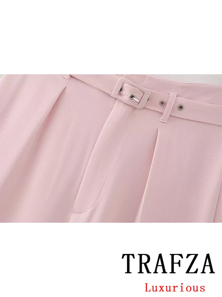 TRAFZA Vintage Chic Office Lady Pink Solid Women Suit Pockets Blazer Belt Straight Loose Pants New Fashion 2024 Office Lady Set