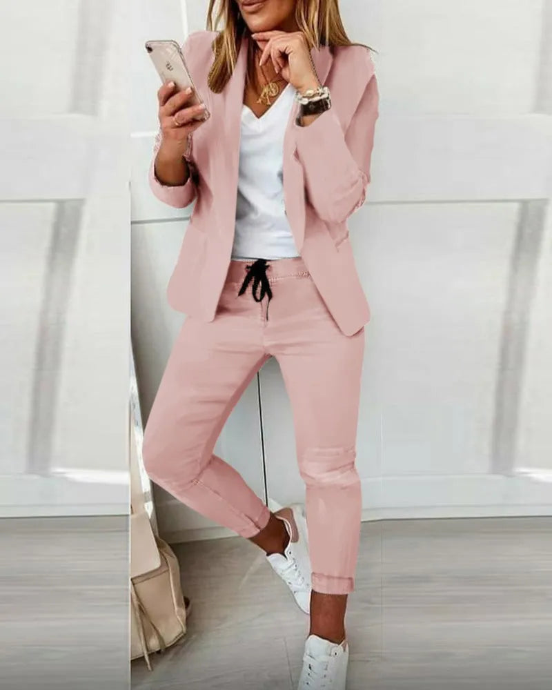 Women's Suit 2-piece Jacket + Pants Sets 2022 Autumn New Fashion Casual Turn-down Collar Long Sleeve Blazer Set Office Lady