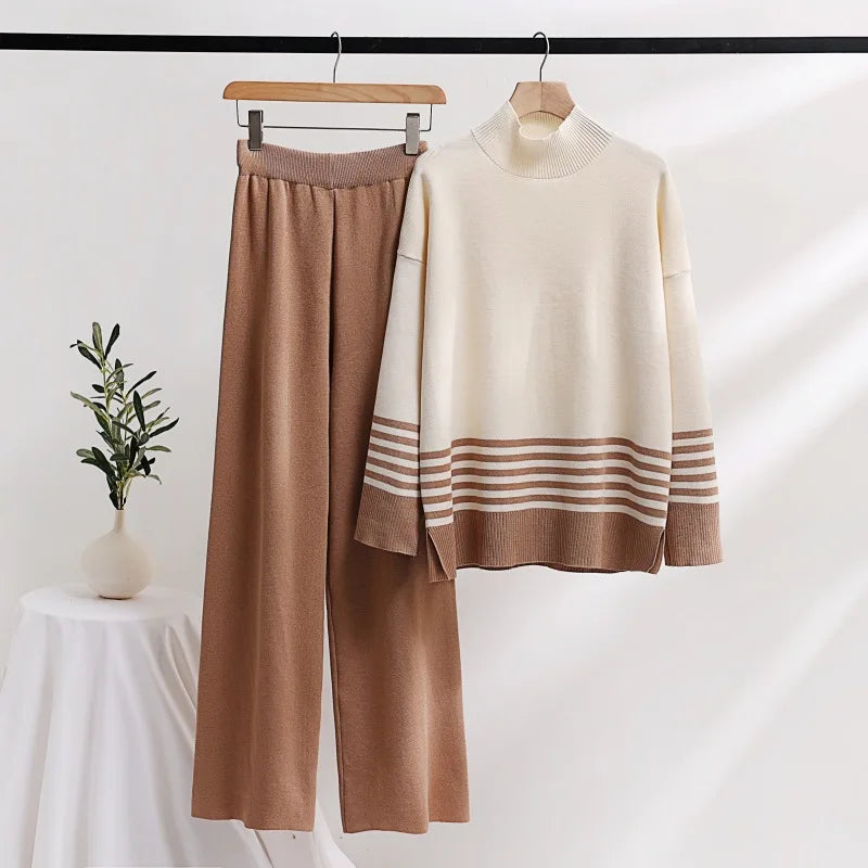 Stripe Patchwork Sweater And Wide Leg Pant Two Piece Set Fashion Half High Neck Knit Pullover Top + Long Trouser Women Suit 2025