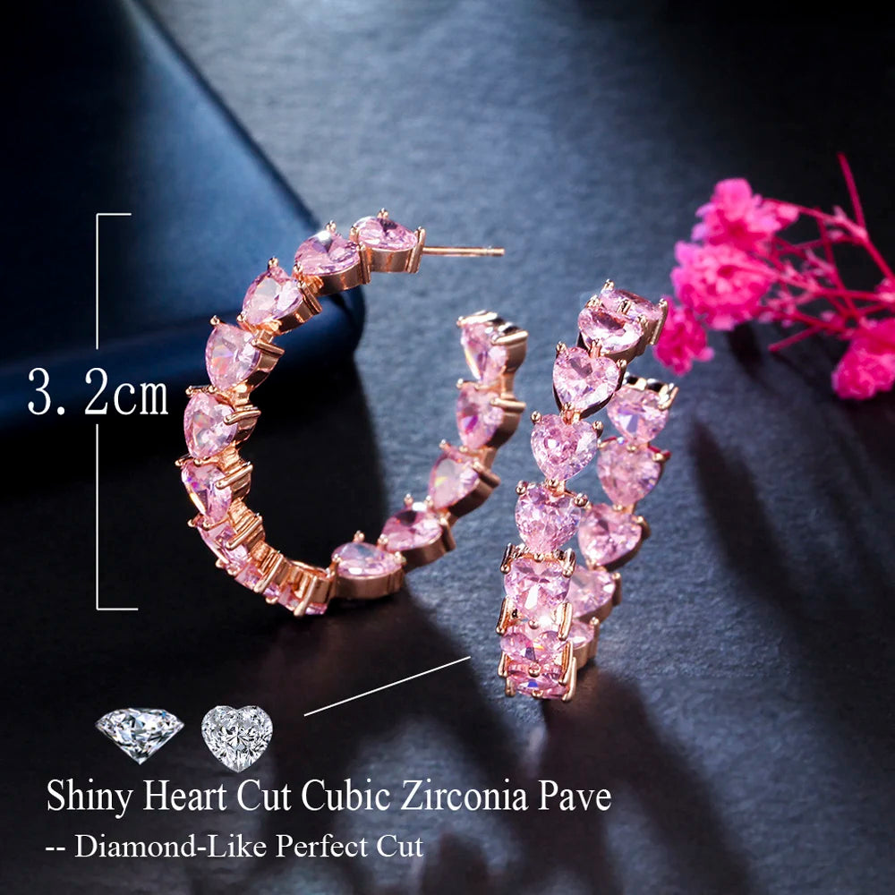 ThreeGraces Sweet Love Heart Shape Hoop Earrings for Ladies Shiny Pink Cubic Zirconia Crystal Trendy Korean Style Jewelry ER839