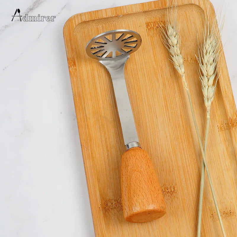 1pc Mini Stainless Steel Potato Press Masher Wooden Handle Scalding and Anti-skid Household Kitchen Appliance