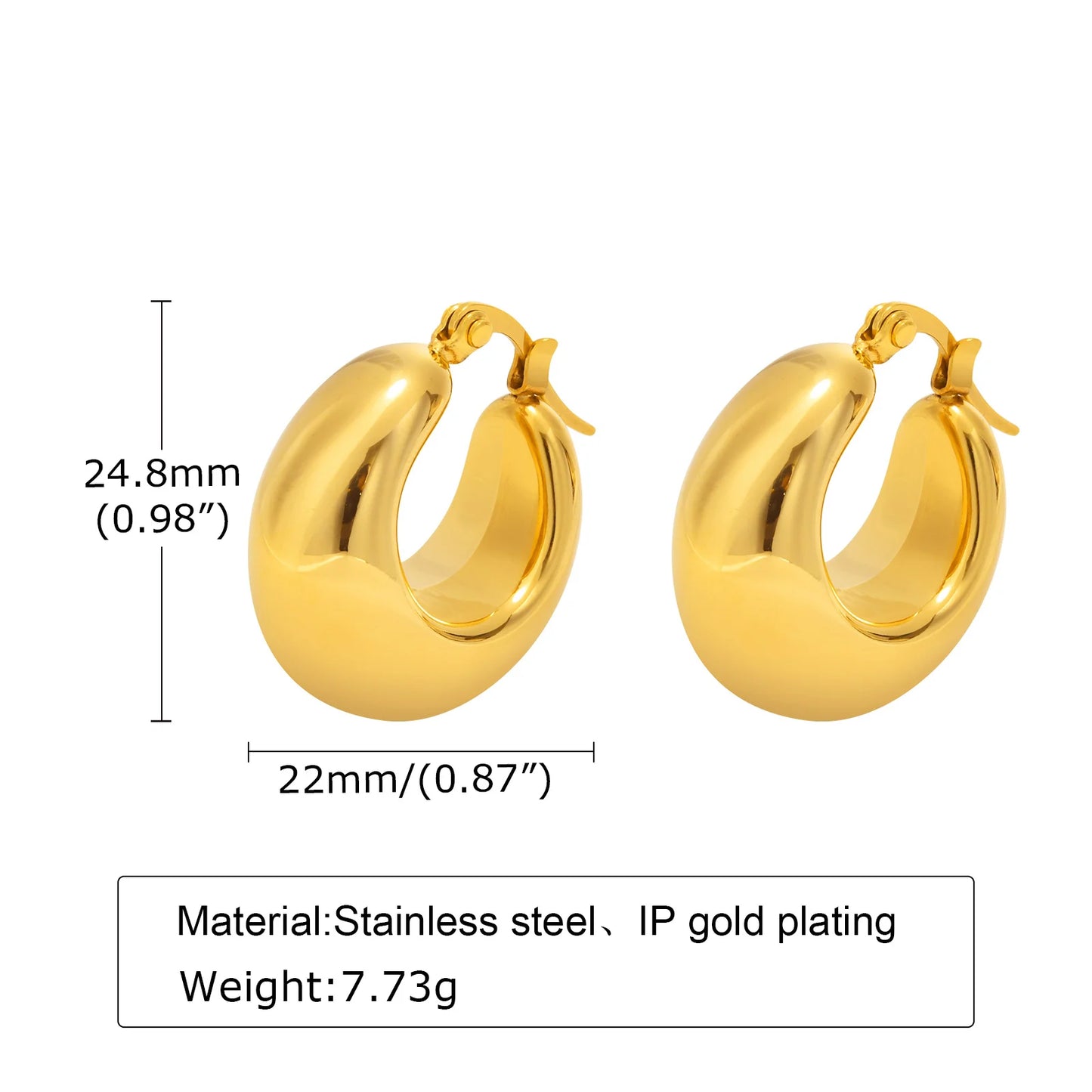 SKU Trendy Chunky Stainless Steel Hoop Earrings for Women Girls Lady, Dainty Gold Color Half Hollow Round Circle Ear Jewelry