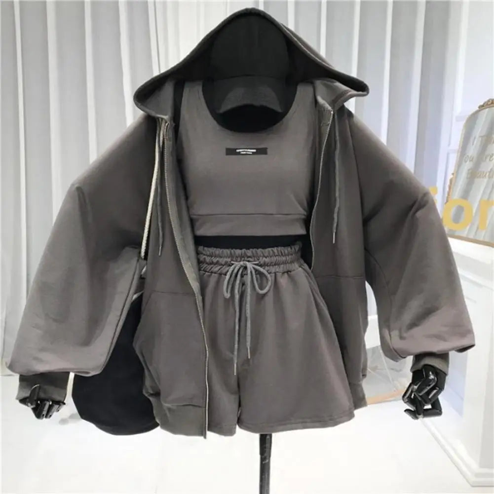 Casual Vest Hoodie Shorts Outfit Set Sweatshirt Shorts Set with Pocket Women Short Jacket Crop Top Shorts 3-piece Activewear Set