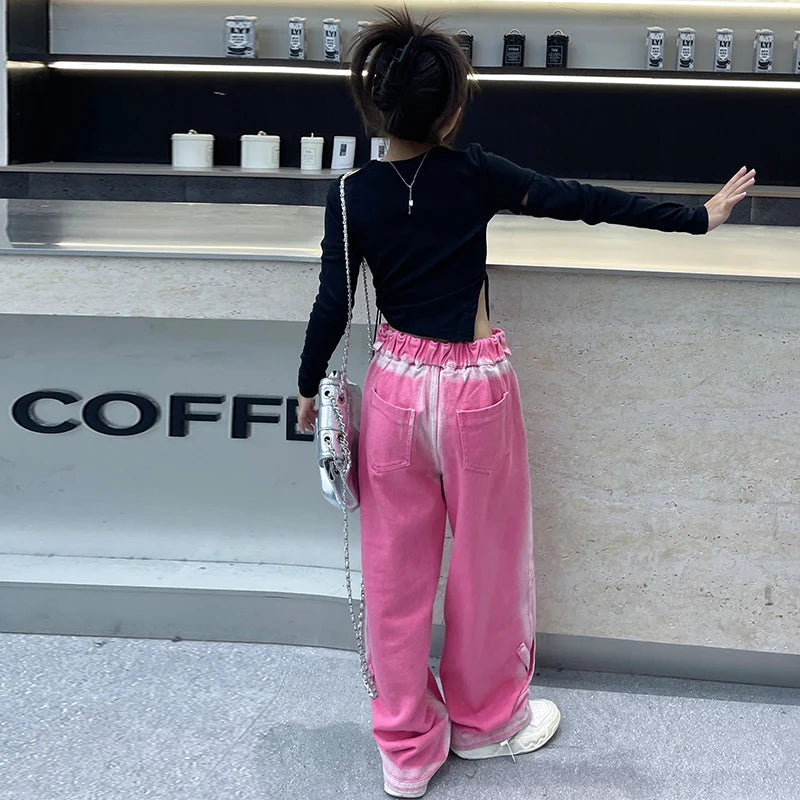 autumn teen girls high waisted straight leg jeans Gradient color wide leg cowboy pants/Cotton off shoulder T-shirt Floor trouser