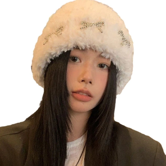 Women Girl Slouchy Beanie with Metal Bowknot Decals Adult Teen Winter Plush Thicken Windproof Hat Cold Weather Skiing Riding Cap