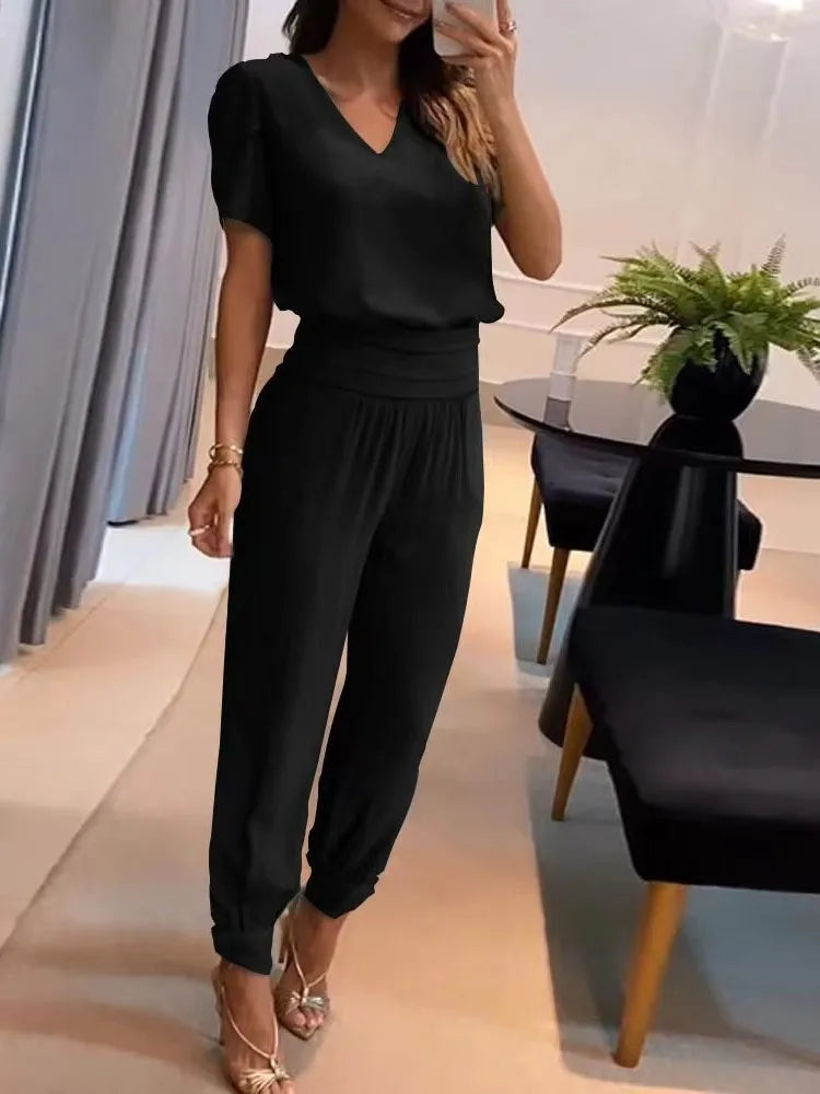 2024 New Long Pant Sets Summer Fashion Casual V-neck Print Short Sleeve Trousers Suit Two-piece Set 2 Piece Sets Women Outfit