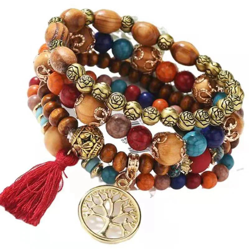 WYBU new bohemian bracelet creative ladies tree of life jewelry tassel multi-layer wooden beaded ethnic style fashion bracelet