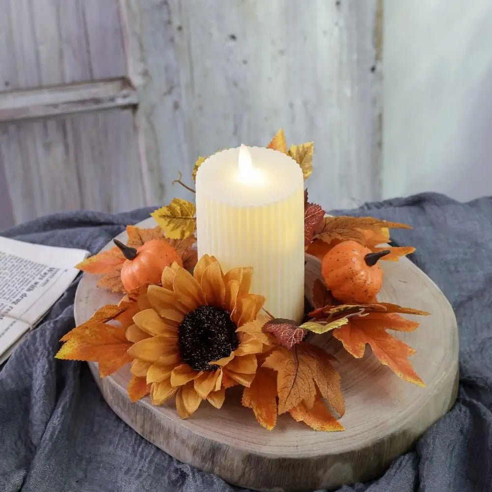 Autumn Table Decoration Fall Harvest Candle Ring Wreath Set with Artificial Pumpkins Sunflowers Maple Leaves Boho for Home