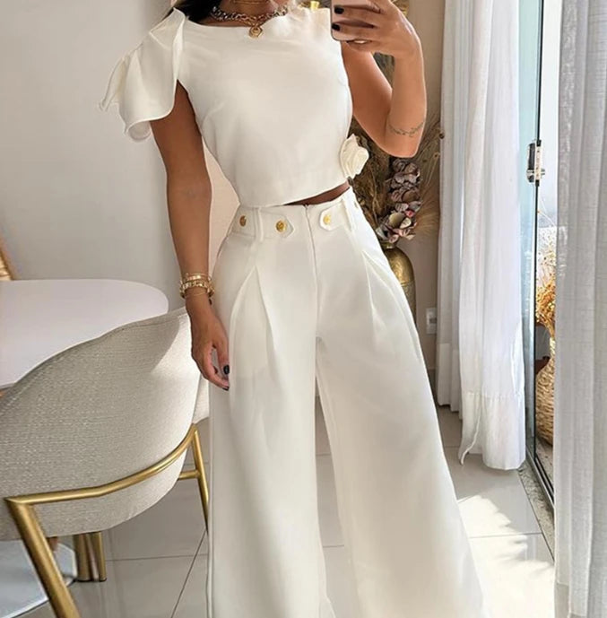 New Two Pieces Sets Women Outfit Solid Color Sleeveless T Shirt and Button Decor Wide Leg Pant Casual Suits Female Clothing