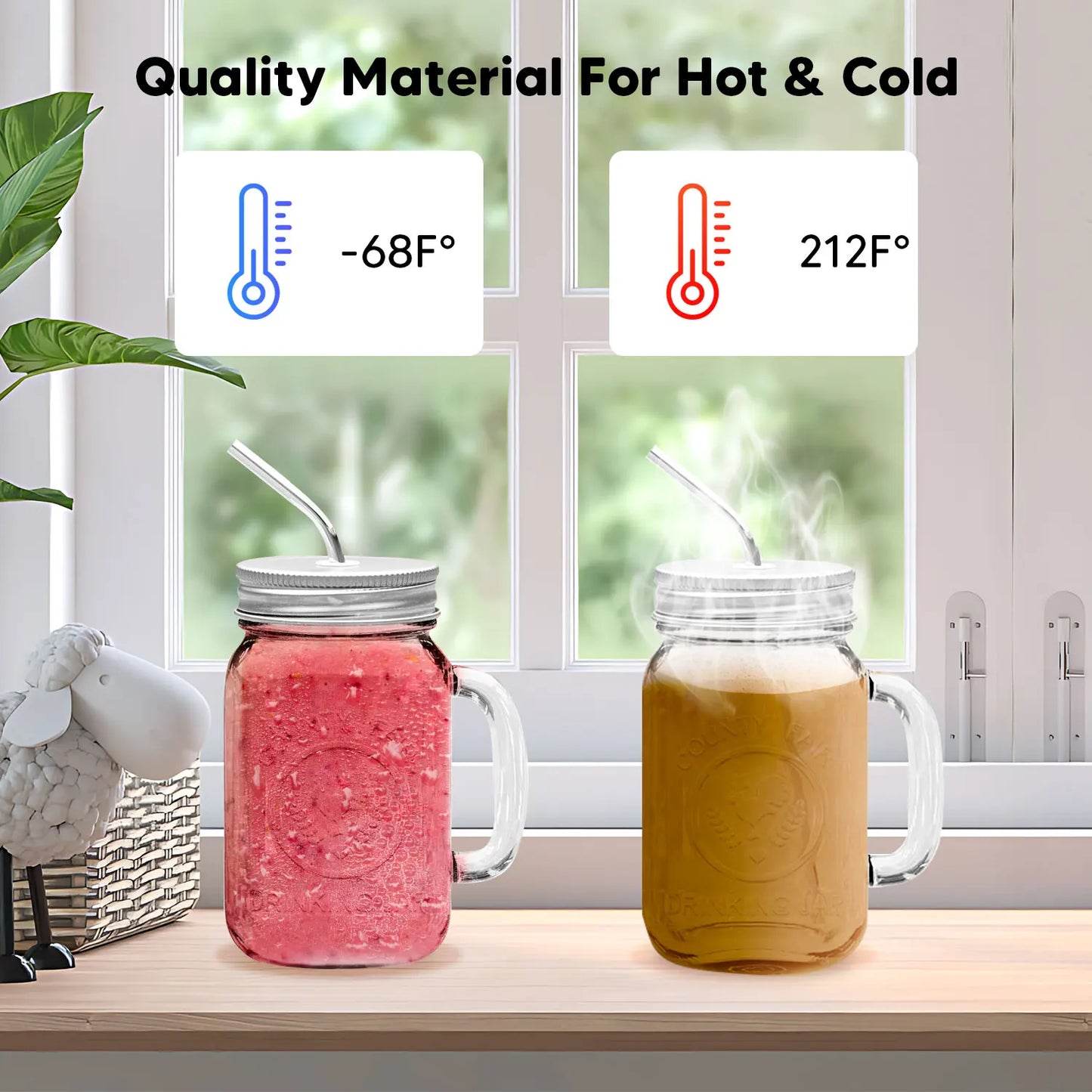 480ML Square Glass Cup with Lid and Straw Mason Jars Set With Handle For Cold Drinks Juice Mason Jar Drinking Glasses Drinkware