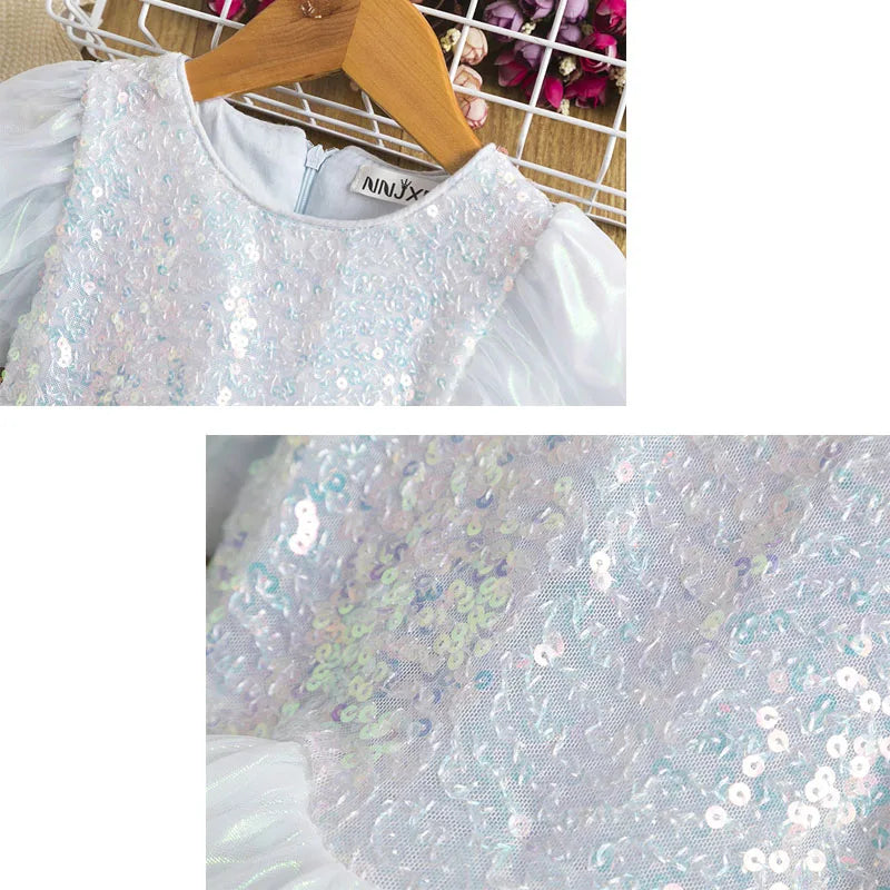 Children Princess Dress Girls Sequin Puff Sleeve Tutu Dress Child Girl Fashion Birthday Party Gown Kids Mesh Dress Summer 2-10Y
