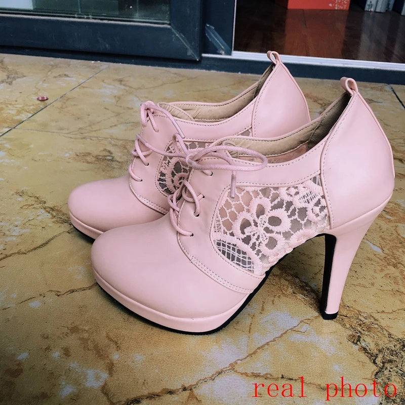 REAVE CAT 2022 Romantic Ladies Knitted Pumps Mesh Lace Up Pointed Toe Platform 11CM Spike Cover Heel US12 Pink White Black A4372