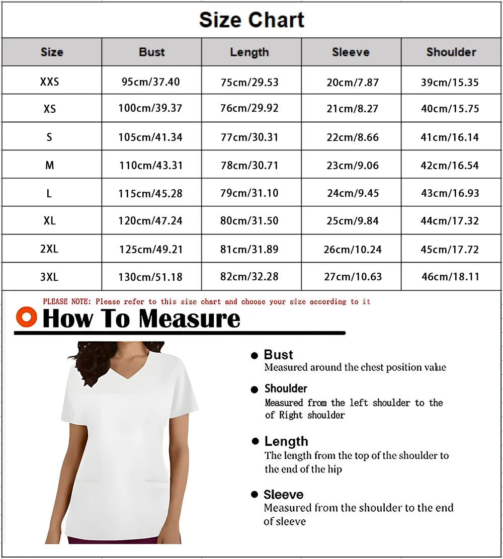 Scrub Tops Women Short Sleeve V-neck Tops Nurse Uniform Cartoon Print Working Blouse Ladies T-shirts uniforme enfermera mujer