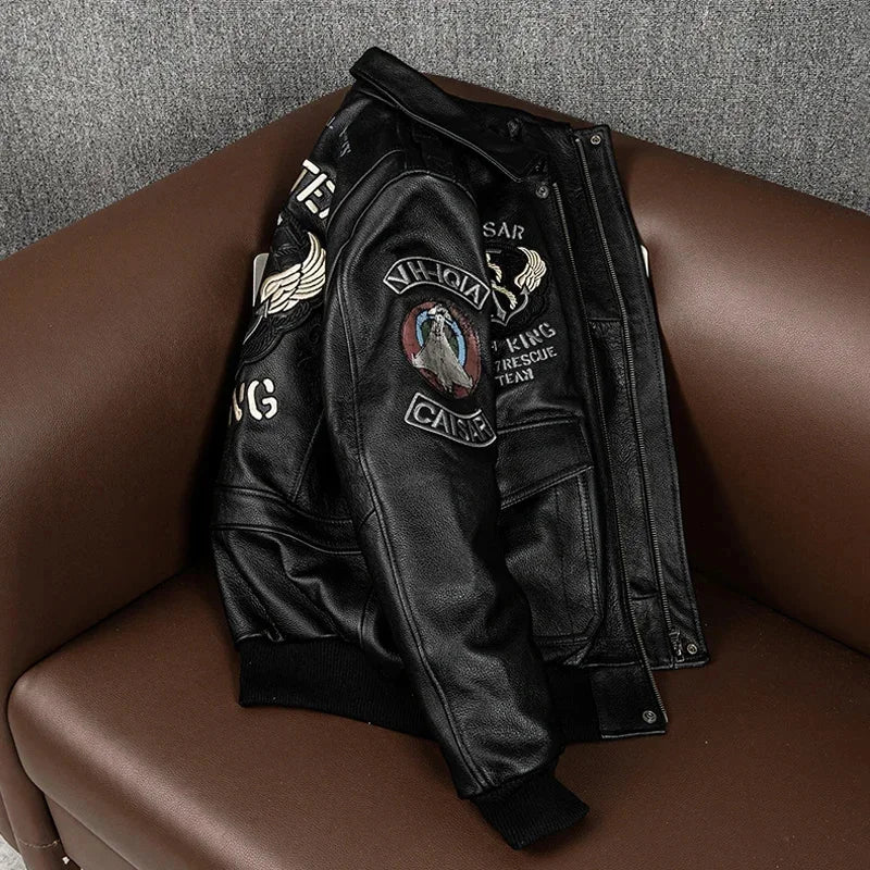 2025New Men’s Flying Suit Genuine Leather Coat Cowhide Indian Embroidery Motorcycle Jackets