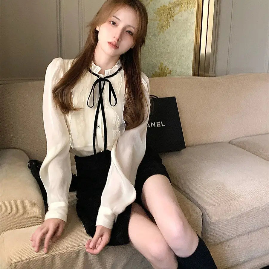 Women Spring Autumn Style Chiffon Blouses Shirts Lady Casual Long Sleeve Bow Tie Collar Solid Color Blusas Tops 2024 Ladies S35