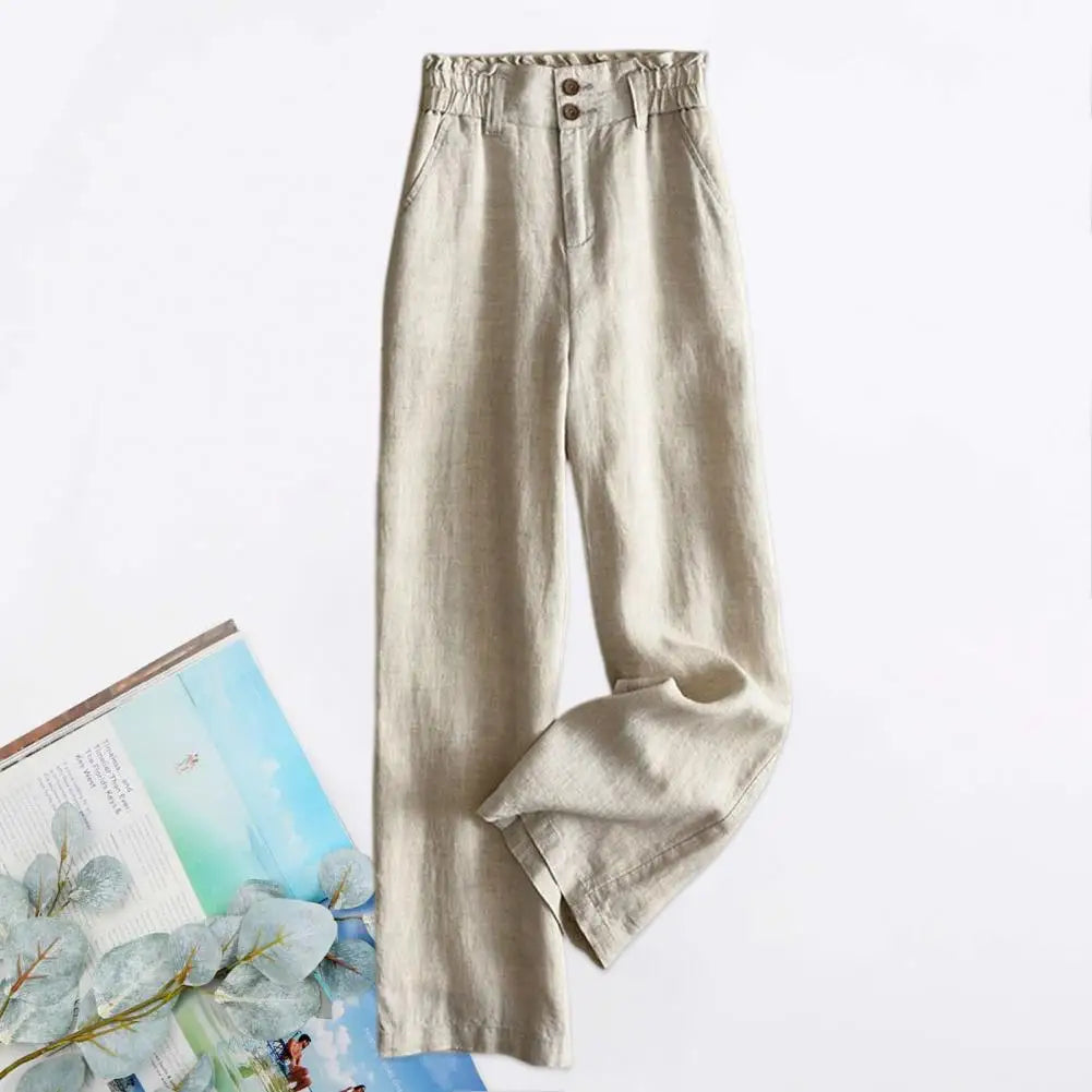 Women Pants High Waist Bud Elastic Waistband Lady Slacks Buttons Fly Pockets Full Length Office Trousers Lady Wide Leg Trousers