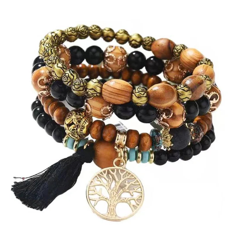 WYBU new bohemian bracelet creative ladies tree of life jewelry tassel multi-layer wooden beaded ethnic style fashion bracelet