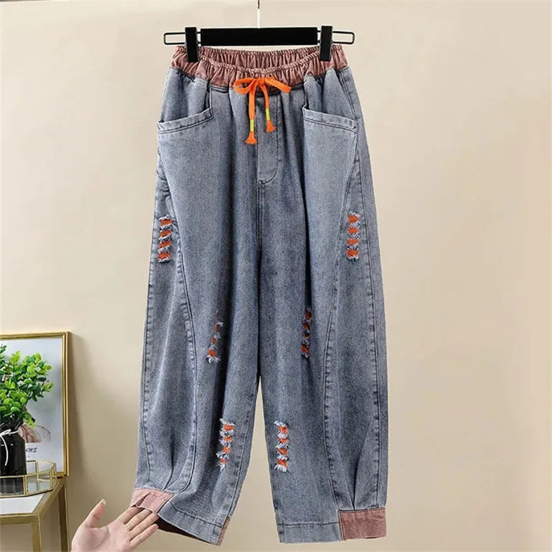 2023 Summer New Street Style Women's Ripped Loose Harem Pants Ladies Contrast Color Elastic Waist Jeans Female Denim Trousers