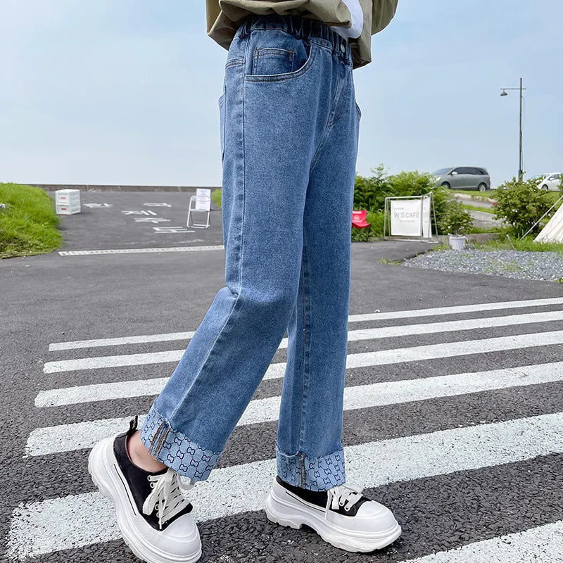 2023 Teens Girls High Waist Elastic Denim Pencil Pants Solid Color Children Rolled-up Trousers Straight jeans 5 7 9 12 15 Years