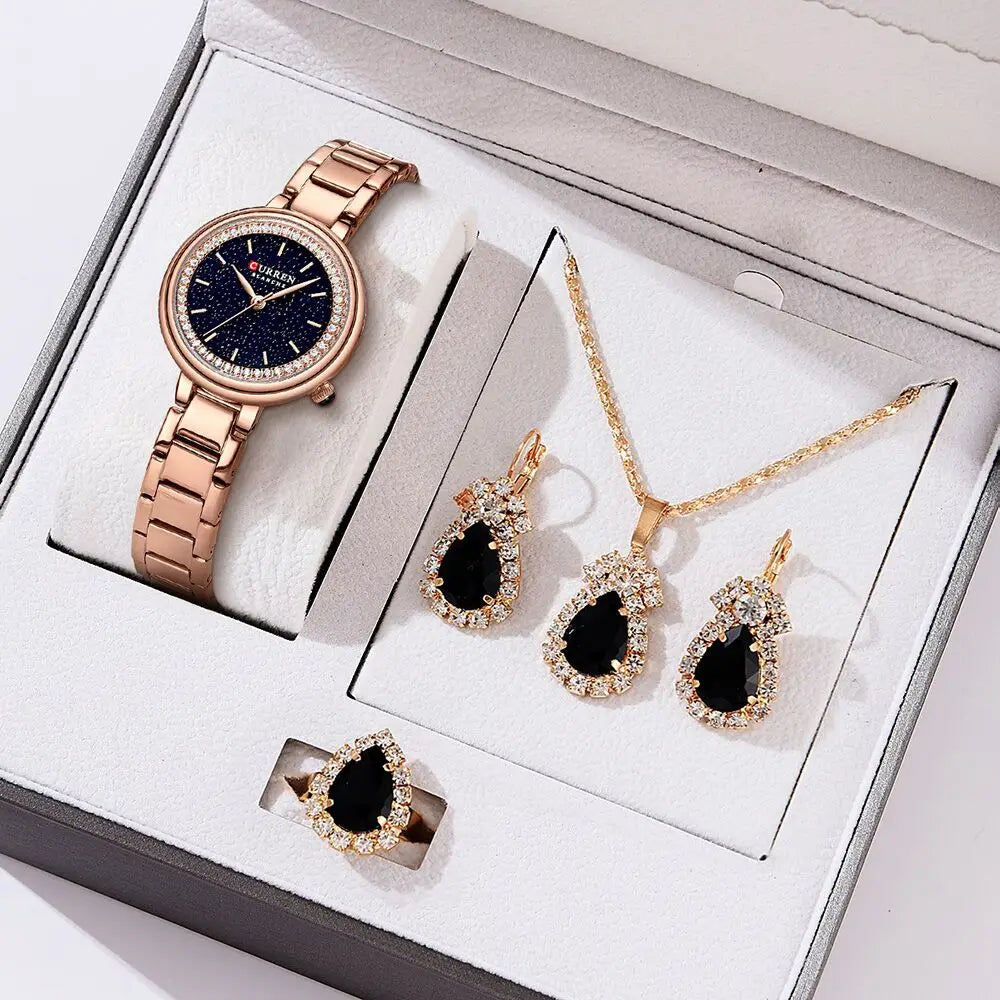 CURREN Luxury Watch Women Ring Necklace Earrings Rhinestone Fashion Wristwatch Female Casual Ladies Watches Bracelet 5PCS Set