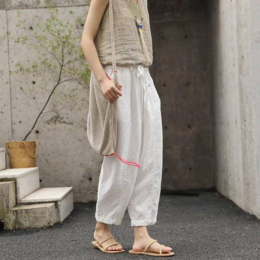 Trendy Ninth Pants Thin Lady Slacks Drawstring Casual Work Wear Loose Trousers  Versatile