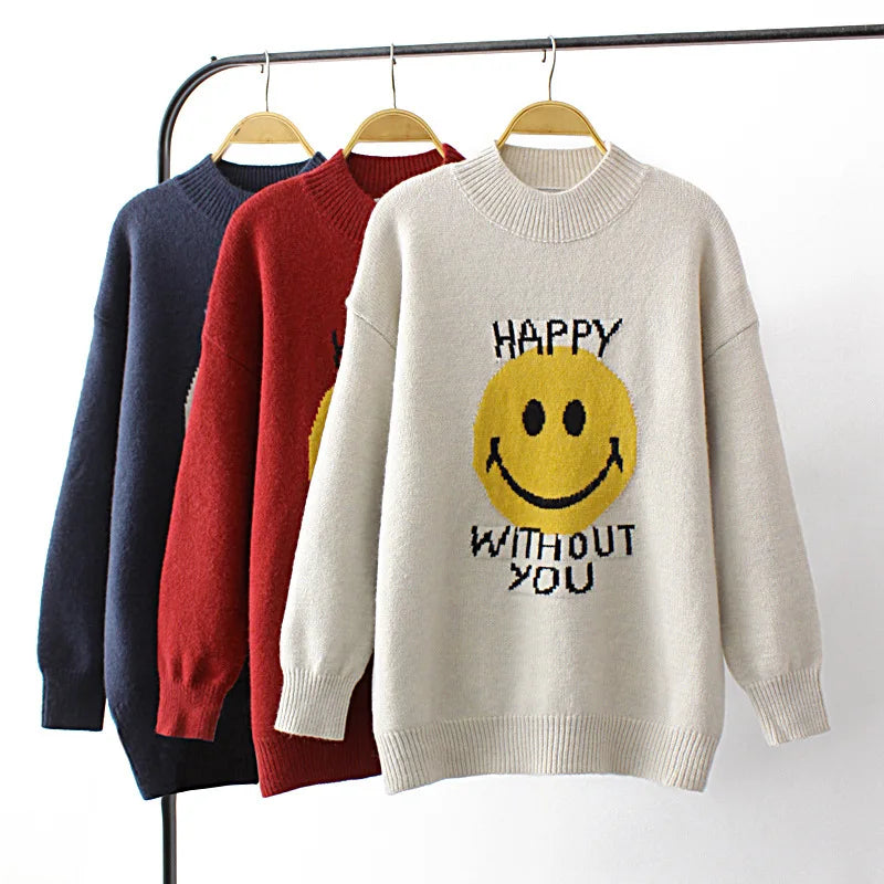 4XL Plus Size Ladies Sweater Loose Mock Neck Cartoon Jacquard Knitted Jumper Autumn Winter Keep Warm Pullover For Women