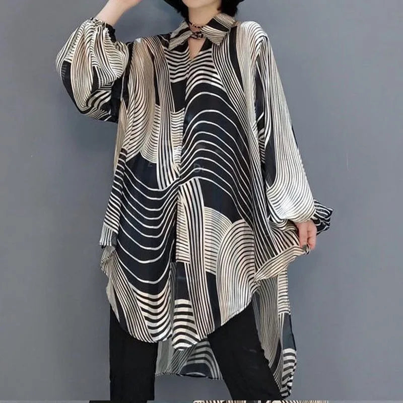 Oversized Striped Chiffon Summer Shirt Women Blouse 2023 Holiday Style Ladies Casual Sunscreen Loose Large Shirts 4XL Tops