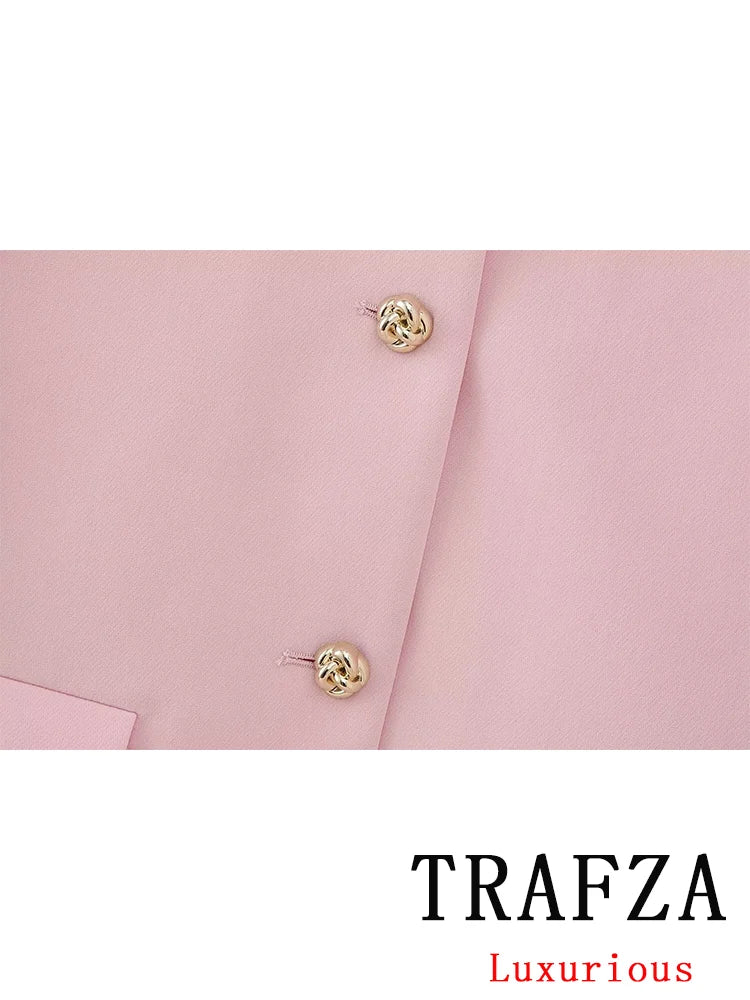 TRAFZA Vintage Chic Office Lady Pink Solid Women Suit Pockets Blazer Belt Straight Loose Pants New Fashion 2024 Office Lady Set