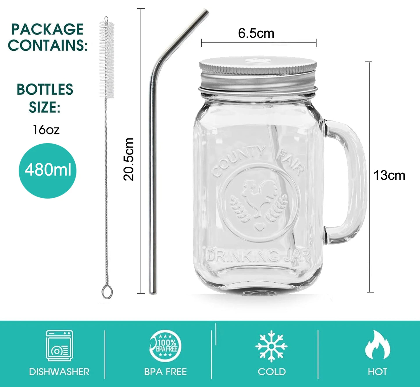 480ML Square Glass Cup with Lid and Straw Mason Jars Set With Handle For Cold Drinks Juice Mason Jar Drinking Glasses Drinkware