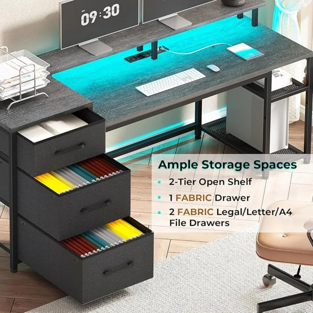 59" Office Desk with Drawers, Reversible Computer Desk with File Drawers & Storage, Gaming Desk with LED Lights & Power Outlet