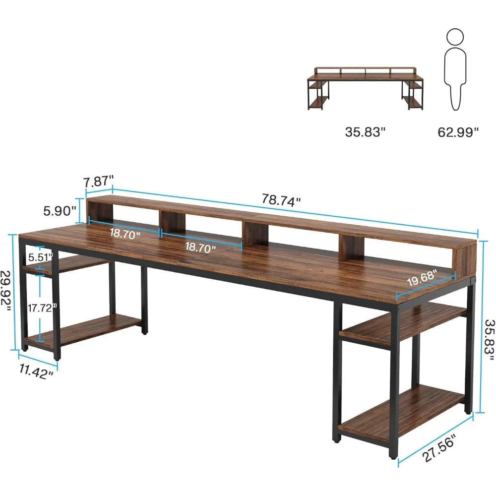Two Person Desk with Monitor Stand, 78.74" Long Double Computer Office Desk with Storage Shelves, Large Gaming Desk Study
