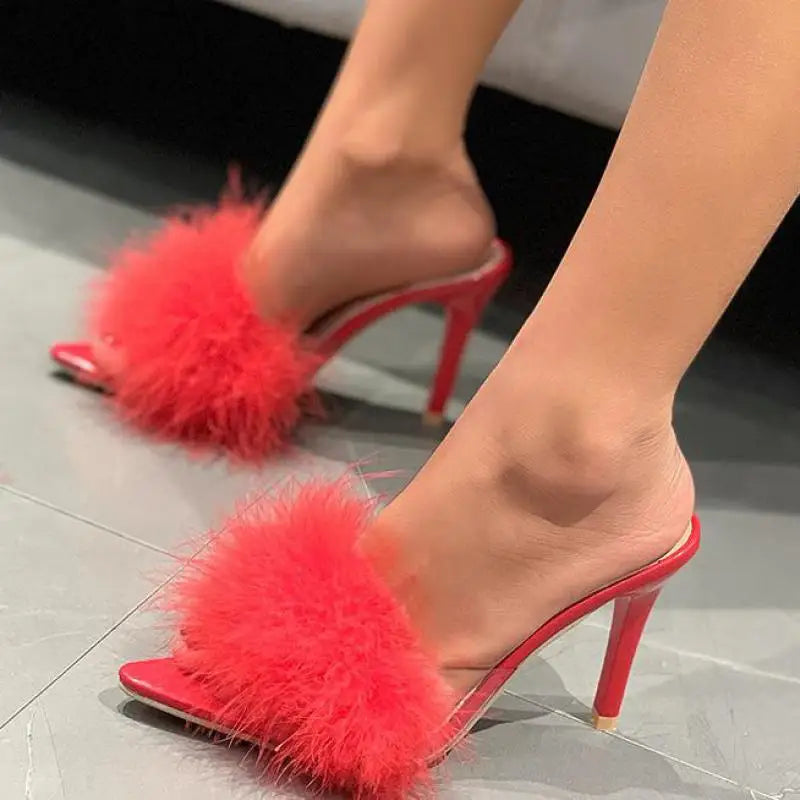 Women Slippers High Heels Fur Stiletto Peep Toe Mules Ladies Indoor Rubber Zapatillas Mujer Pointed Red Summer New Sexy Shoes