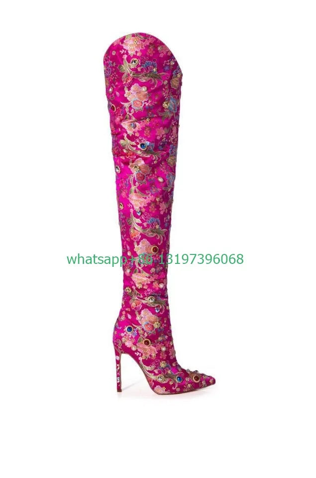 Lady color rhinestone design hand stitched boots sexy pink pointed toe knee boots gold design boots party demand footwear boots