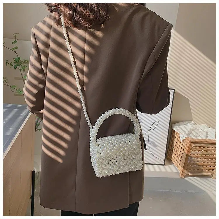 Pearl Crossbody Bags for Women Small Coin Wallet Handbag Handmade Woven Ladies Phone Tote Hand Shoulder Bag