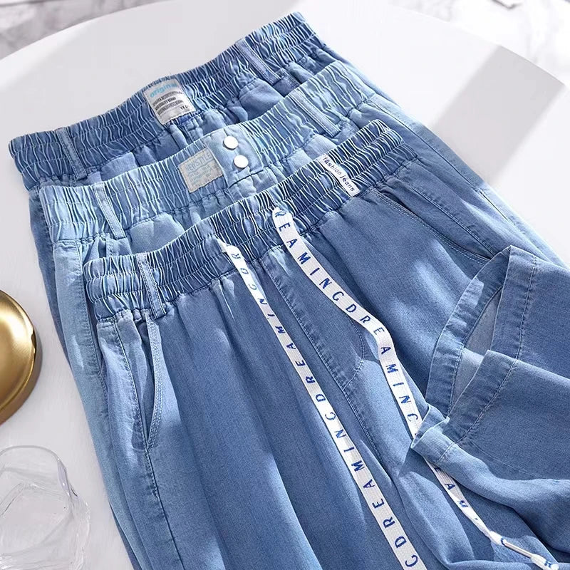 S-4XL Summer Thin Jeans Women Elastic Waist Straight Wide Leg Trousers Casual Fashion Female Soft Breathable Pants 2023 New