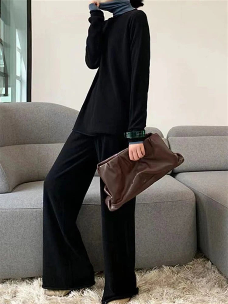 REALEFT Autumn Winter 2 Pieces Women Sets Cashmere Tracksuit 2022 Slash Neck Sweater and Wide Leg Jogging Pants Pullover Suits