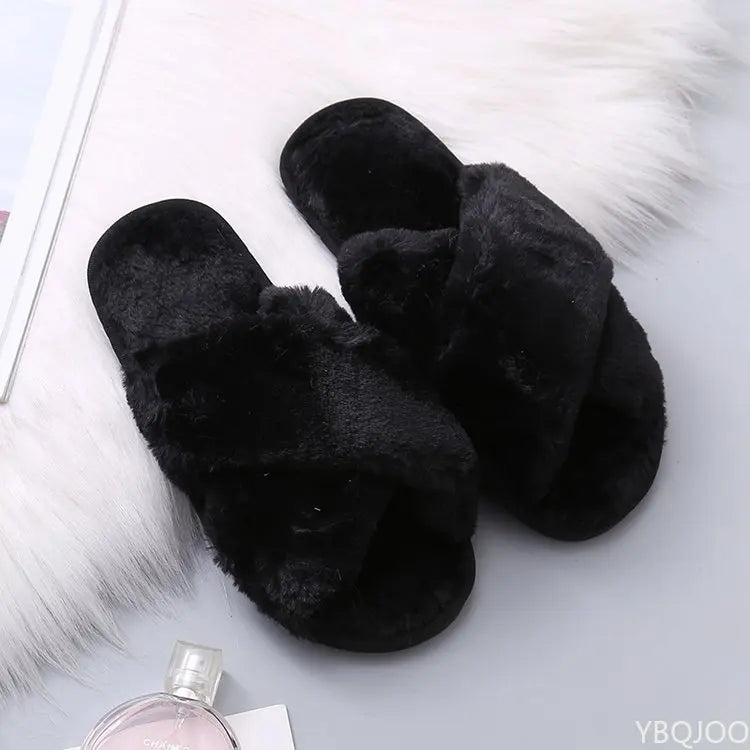 2022 NEW Design Women Winter House Furry Slippers Women Cross Fluffy Fur Home Slides Flat Indoor Floor Shoes Ladies Flip Flops