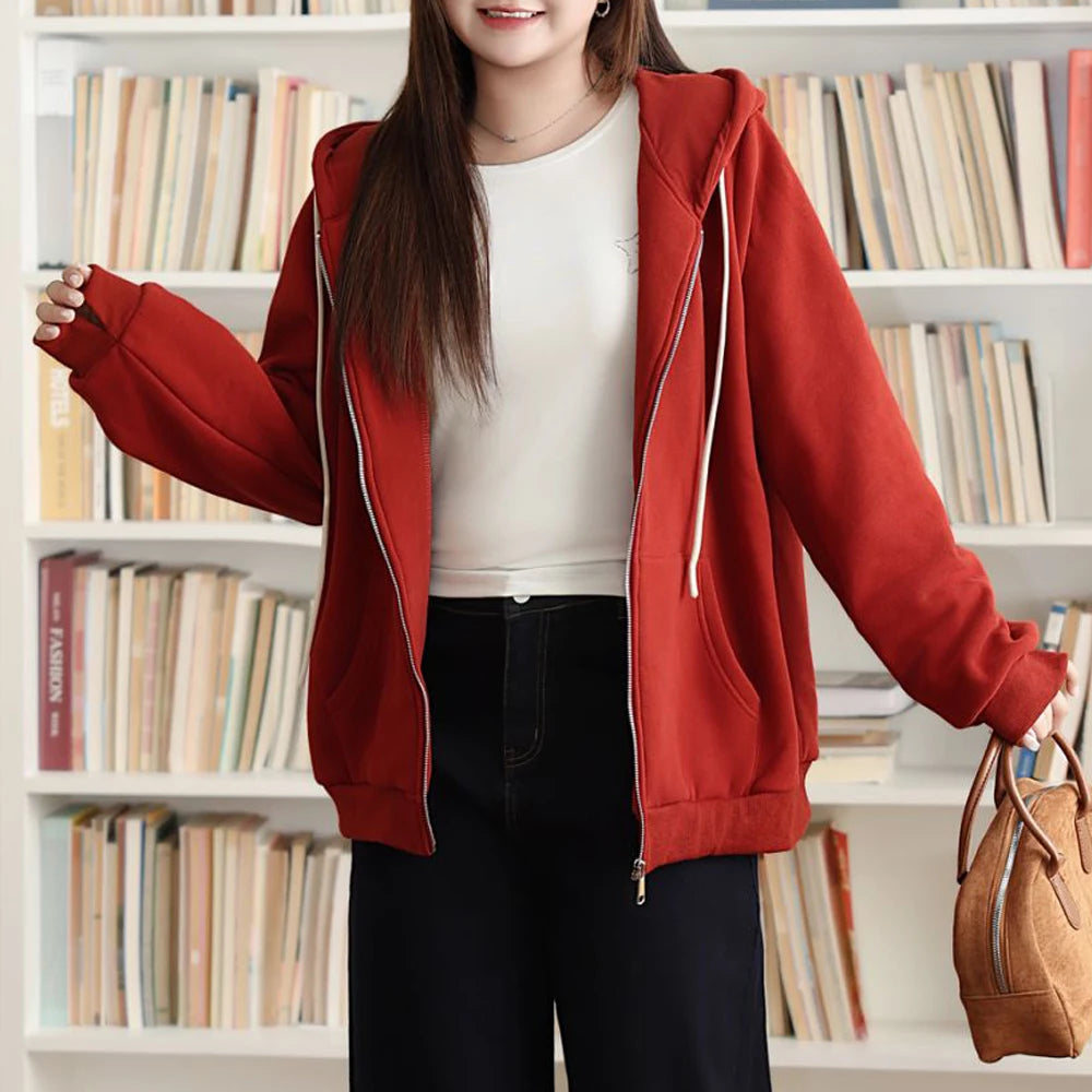 fleece-lined zip-up Hoodie Women Plus Size Good Quality Autumn Winter Warm Loose Hooded Coat 8809