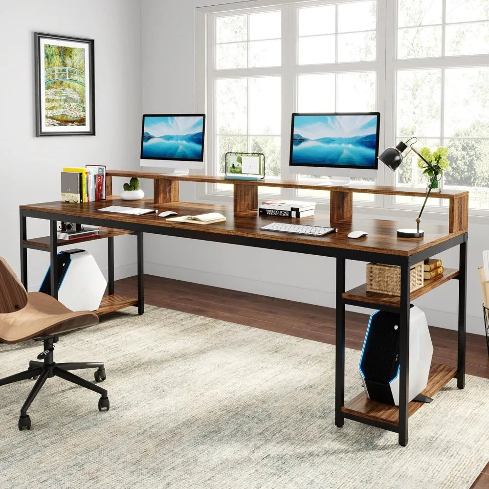 Two Person Desk with Monitor Stand, 78.74" Long Double Computer Office Desk with Storage Shelves, Large Gaming Desk Study
