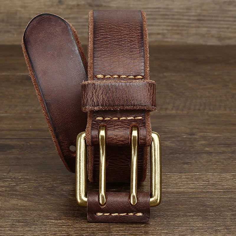 Belt For Men Leather Work Heavy Duty Double Buckles Dlawed Genuine Leather 3.8cm Male Copper Buckle Retro Brown  Men's Belt