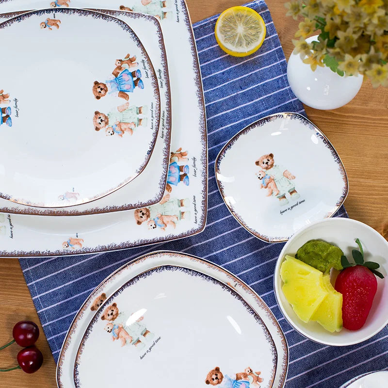 25pcs Set, Real Bone China Dinnerware Set, Cute Bear Painting, Dinner Chafing Dish Plate, Ceramice Kitchen Food Containers Serve